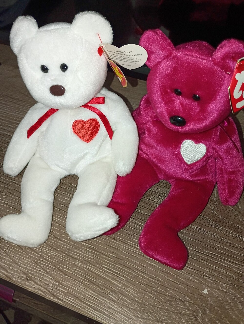 Ty Plush Heart Bear Pair - White & Magenta